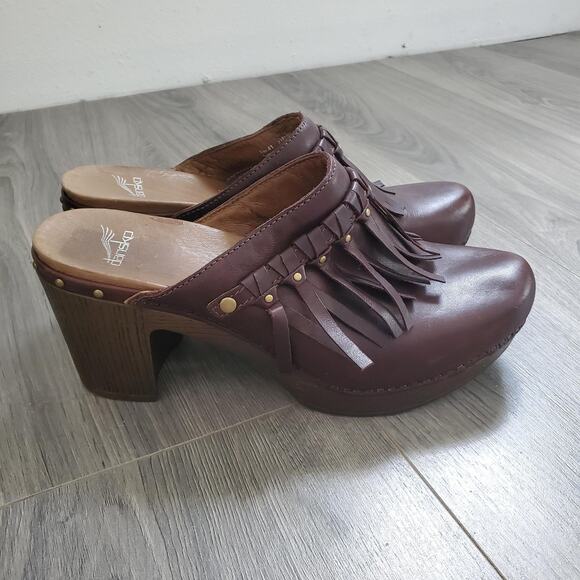Dansko Shoes Womens Size 41 Leather Clogs Block Heel Stud Fringe Mule Retro - Picture 1 of 12